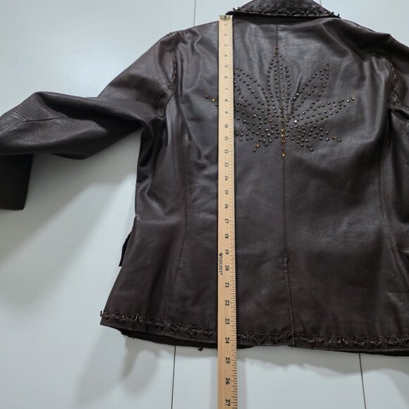 Danier Leather Jacket Women L Brown Studded Leaf Pockets Lined Boho Glitter Punk - Picture 8 of 16